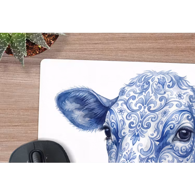 Illustratie - Koe - Blauw muismat rubber klein -closeup