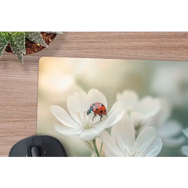 Lieveheersbeestje - Bloemen - Wit muismat rubber klein -closeup