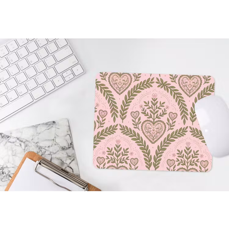 Patroon - Hart - Bloemen - Folkloristisch - Roze muismat rubber klein -witbureau