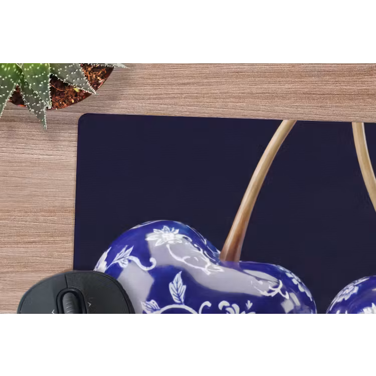 Porselein- Kersen - Delfts - Blauw muismat rubber klein -closeup