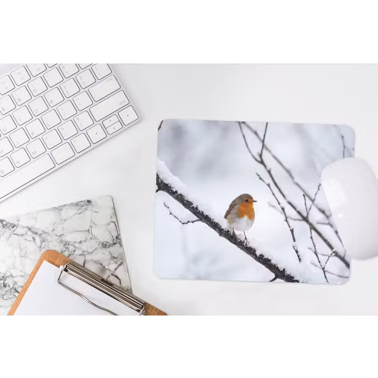Roodborstje - Tak - Sneeuw - Winter - Levendig muismat rubber klein -witbureau