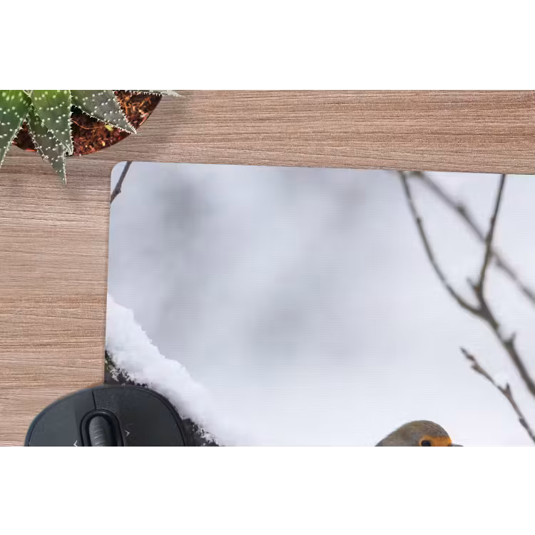 Roodborstje - Tak - Sneeuw - Winter - Levendig muismat rubber klein -closeup