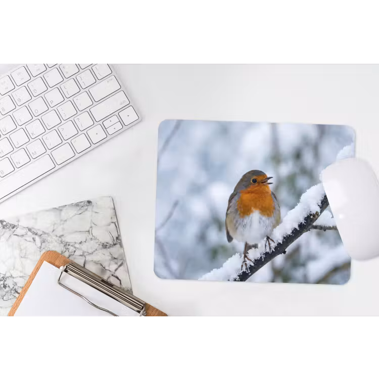 Roodborstje - Tak - Sneeuw - Winter - Levendig muismat rubber klein -witbureau