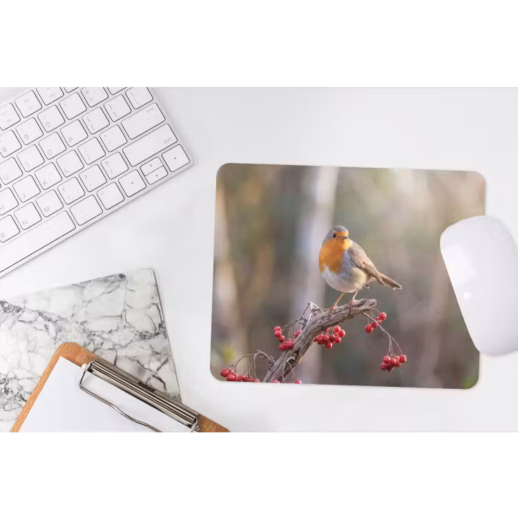 Roodborst - Tak - Bessen - Natuur muismat rubber klein -witbureau