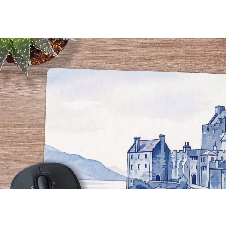 Schots - Kasteel - Blauw - Aquarel muismat rubber klein -closeup