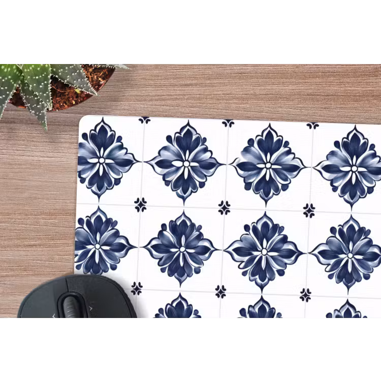Tegelmotief - Blauw - Wit - Bloem muismat rubber klein 262 -closeup