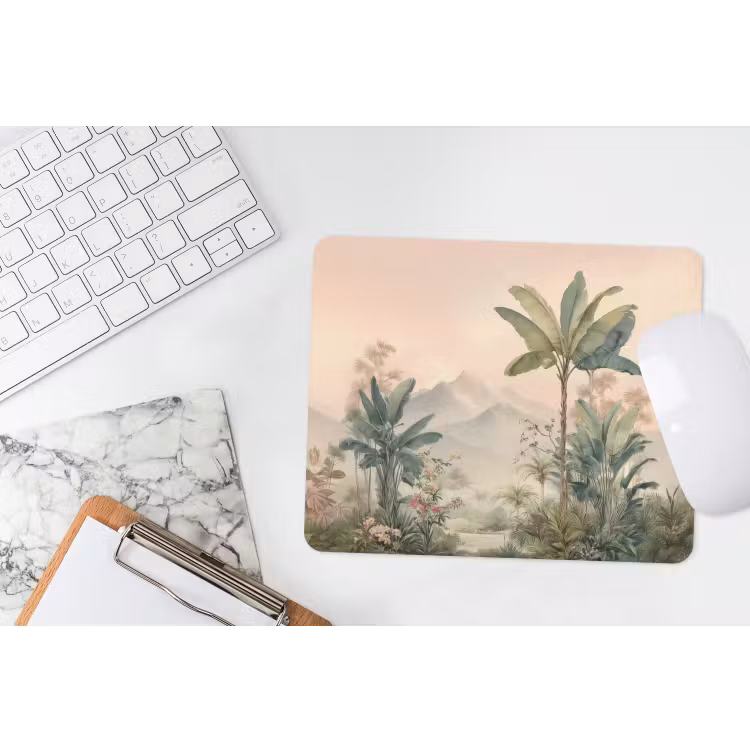 Tropisch landschap - palmbomen - Bloemen - Roze lucht muismat rubber klein -witbureau