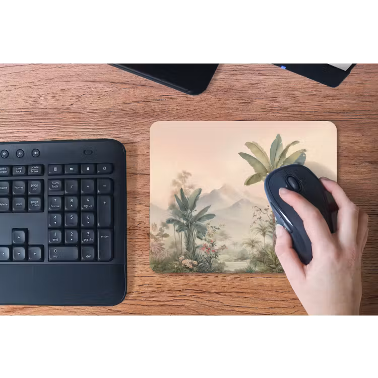 Tropisch landschap - palmbomen - Bloemen - Roze lucht muismat rubber klein -toetsenbord