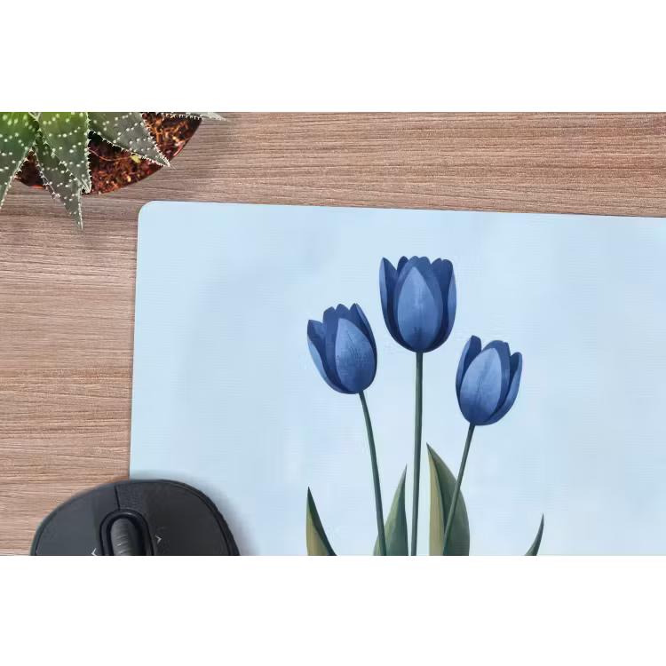 Tulpen - Blauw - Bladeren muismat rubber klein -closeup