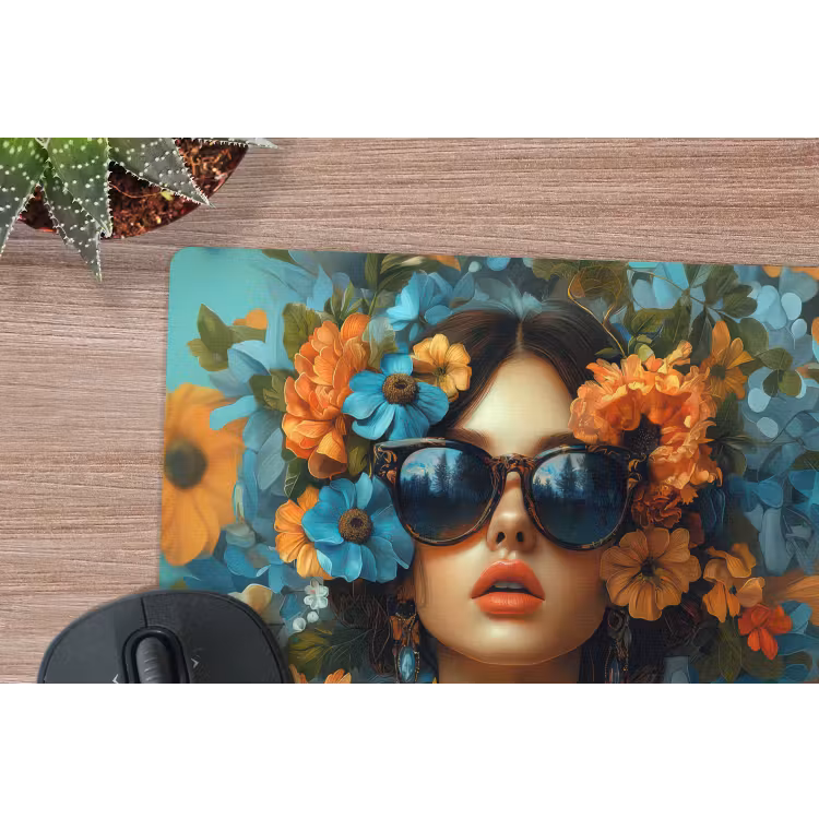Vrouw - Bloemen - Oranje - Blauw - Modern muismat rubber klein -closeup