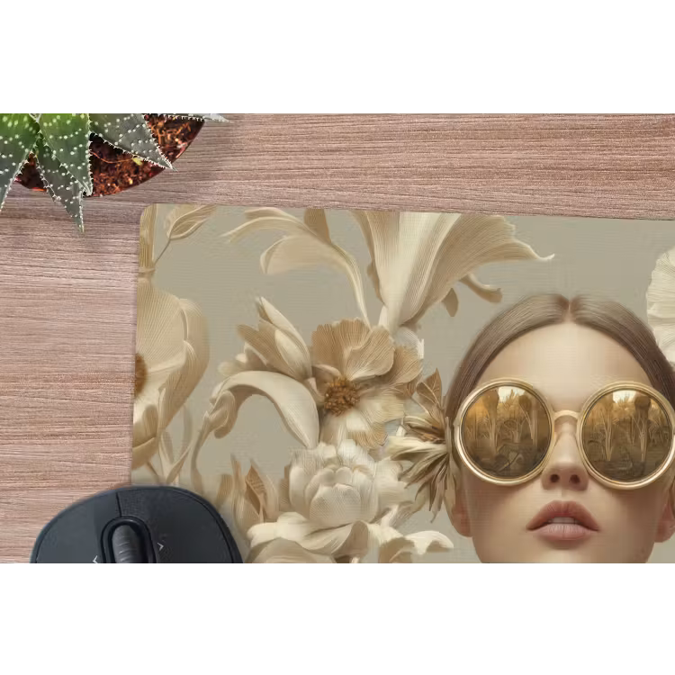 Vrouw - Bloemen - Zonnebril - Wit muismat rubber klein -closeup