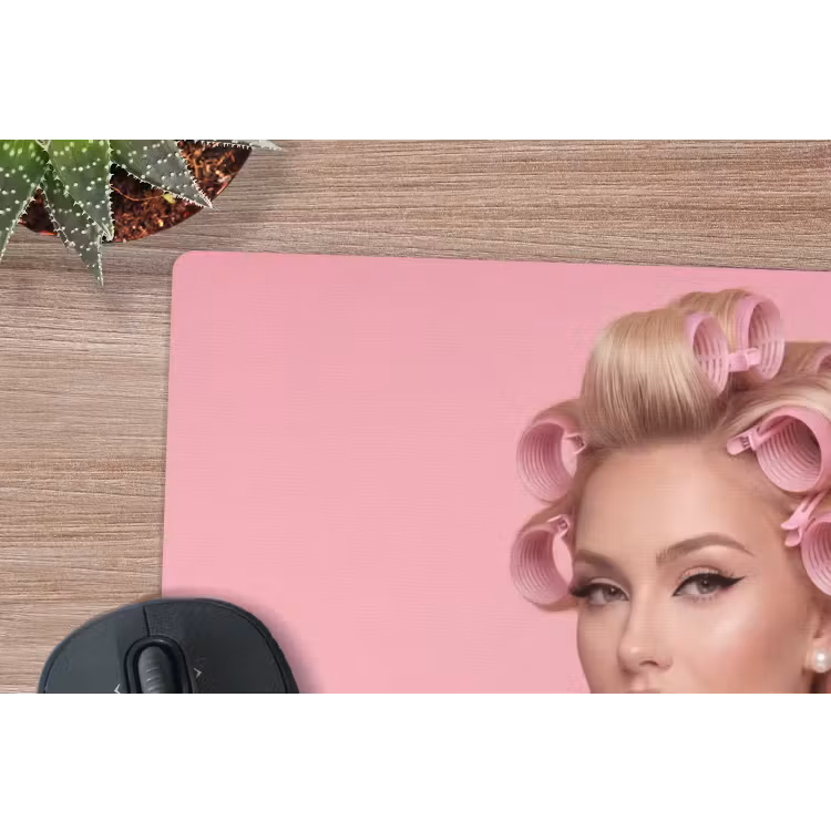 Vrouw - Roze - Parelketting - Krulspelden muismat rubber klein -closeup