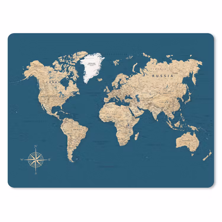 Wereldkaart - Donkerblauw - Beige muismat rubber klein -3d