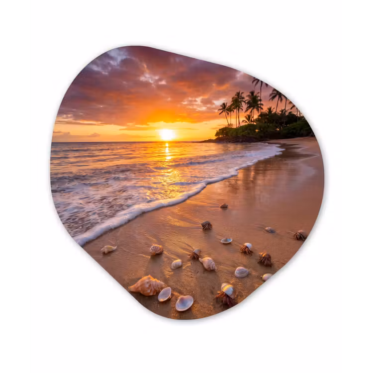 Strand - Zonsondergang - Palmbomen - Natuur - Oranje Wandcirkel Organisch Forex 3mm klein -3d