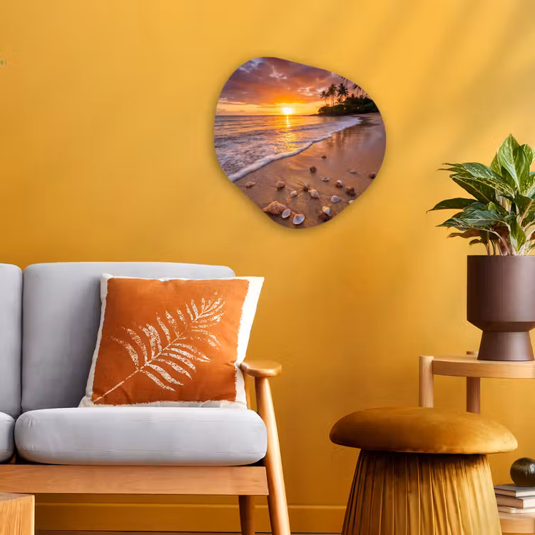 Strand - Zonsondergang - Palmbomen - Natuur - Oranje Wandcirkel Organisch Forex 3mm klein -sfeer4