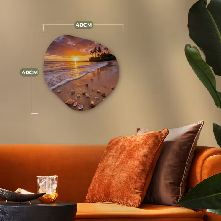 Strand - Zonsondergang - Palmbomen - Natuur - Oranje Wandcirkel Organisch Forex 3mm klein -sfeer3
