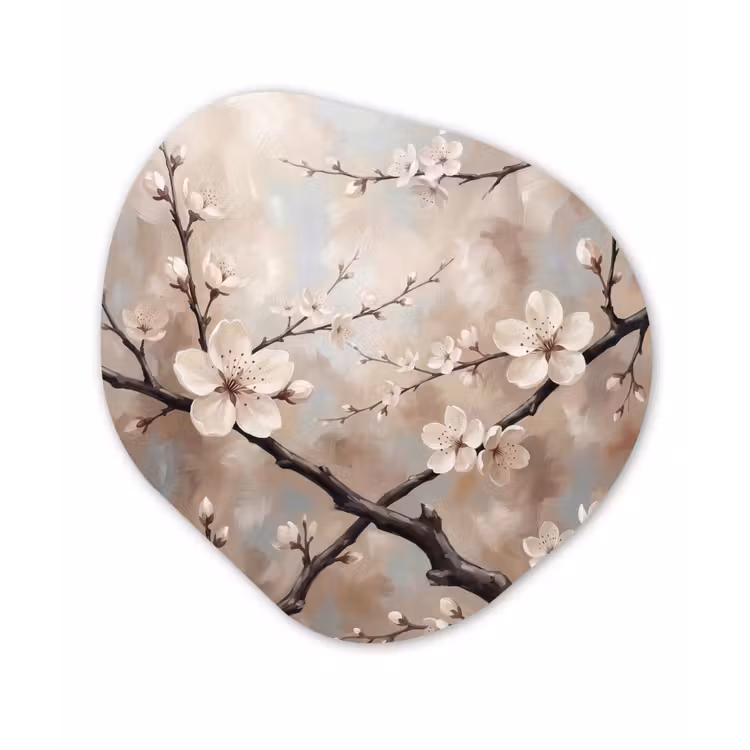 Bloesem - Takken - Schilderij - Beige - Serene Wandcirkel Organisch Forex 3mm klein -3d