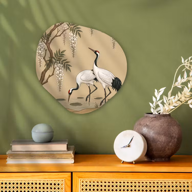 Kraanvogels - Water - Beige Wandcirkel Organisch Forex 3mm klein -sfeer2