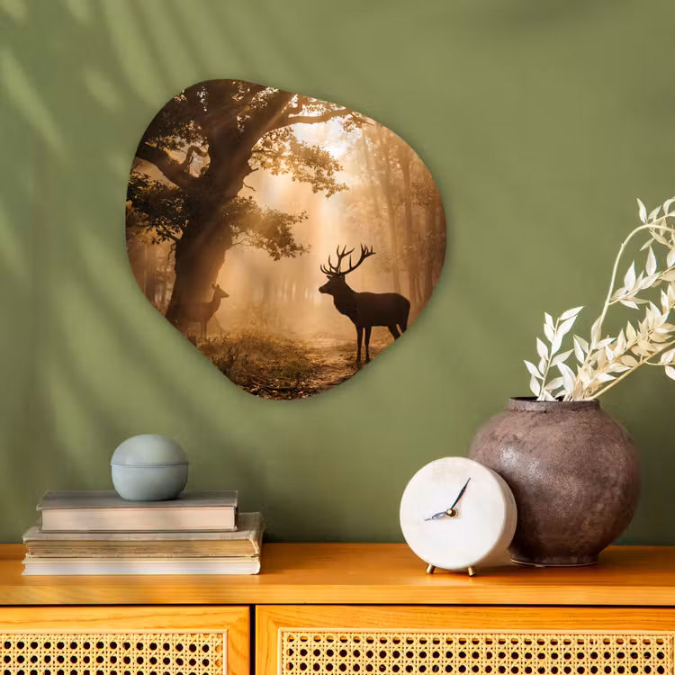 Hert - Bos - Mistig - Natuur - Goud Wandcirkel Organisch Forex 3mm klein -sfeer2
