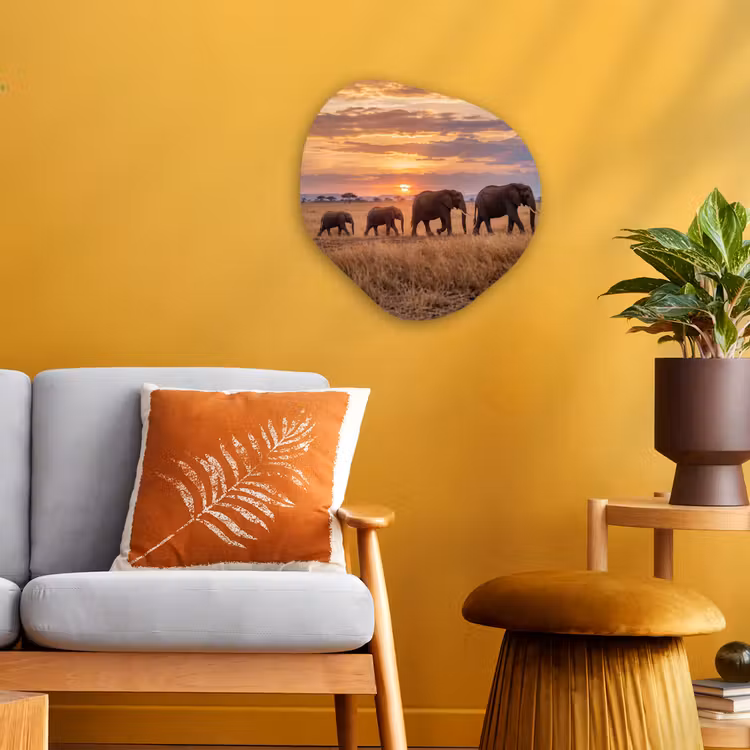 Olifanten - Savanne - Zonsondergang - Afrika - Warm Wandcirkel Organisch Forex 3mm klein -sfeer4
