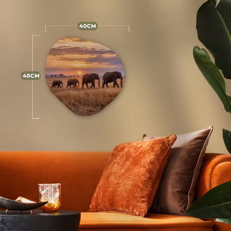 Olifanten - Savanne - Zonsondergang - Afrika - Warm Wandcirkel Organisch Forex 3mm klein -sfeer3