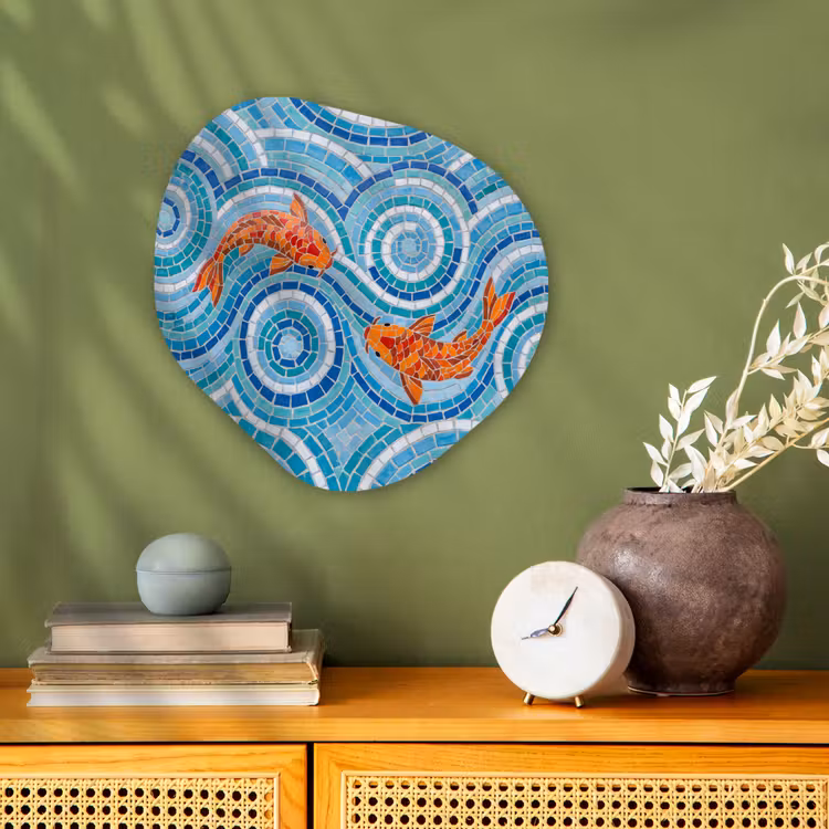 Vis - Mozaïek - Water - Decoratief - Blauw Wandcirkel Organisch Forex 3mm klein -sfeer2