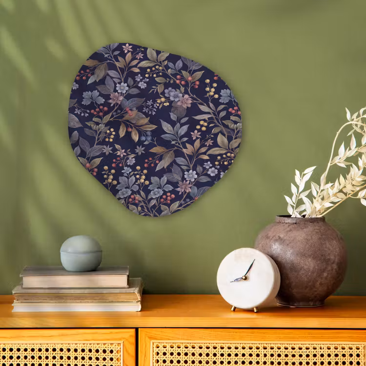 Bloemen - Bladeren - Patroon - Botanisch - Donkerblauw Wandcirkel Organisch Forex 3mm klein -sfeer2