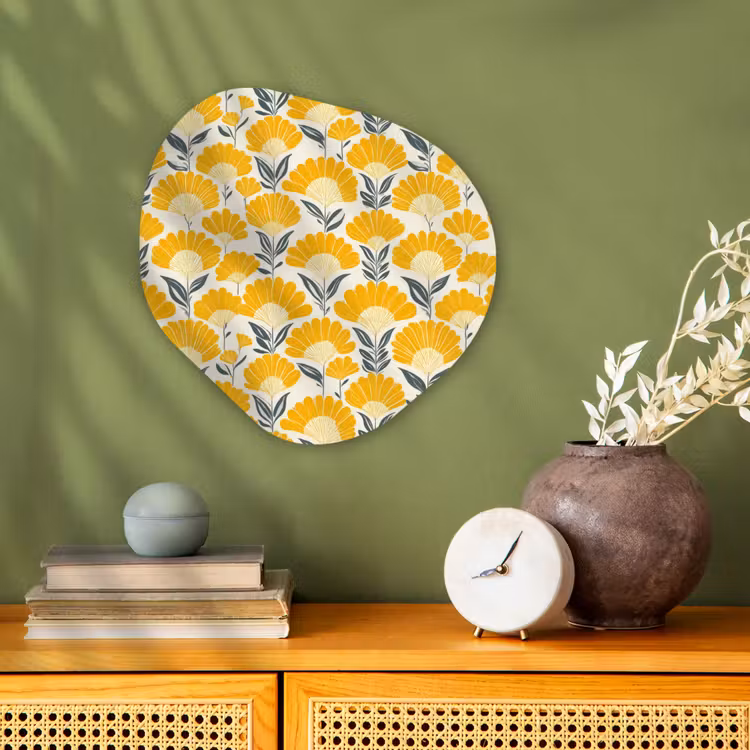 Bloemen - Retro - Botanisch - Okergeel - Grijs Wandcirkel Organisch Forex 3mm klein 629 -sfeer2