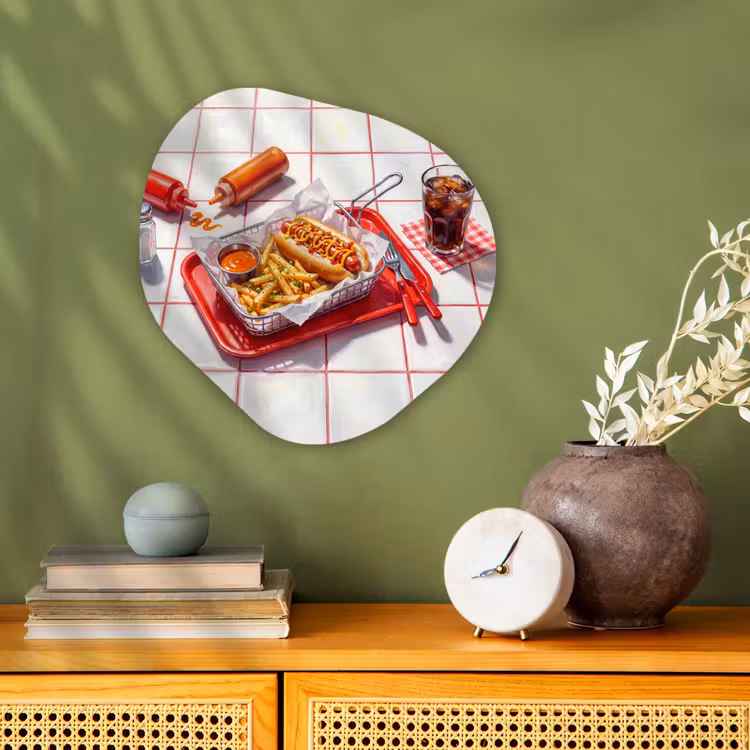 Eten - Hotdog - Fastfood - Modern - Rood Wandcirkel Organisch Forex 3mm klein -sfeer2