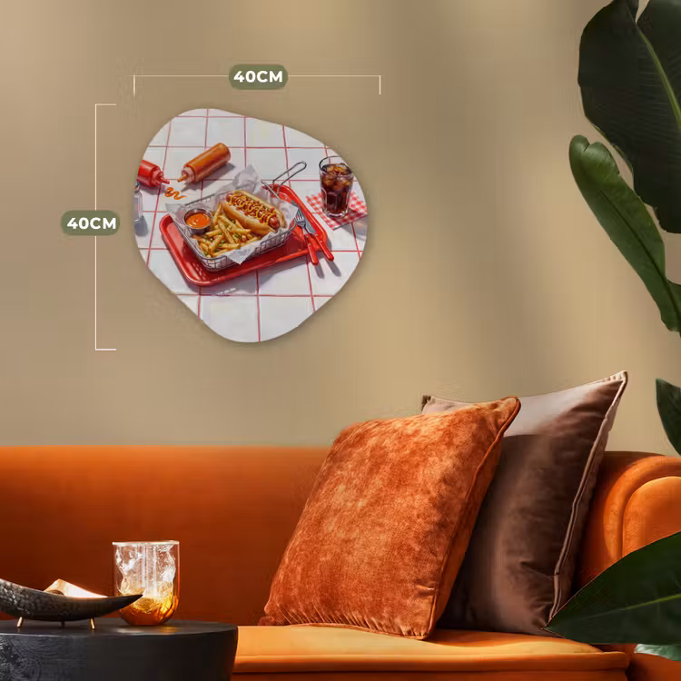 Eten - Hotdog - Fastfood - Modern - Rood Wandcirkel Organisch Forex 3mm klein -sfeer3