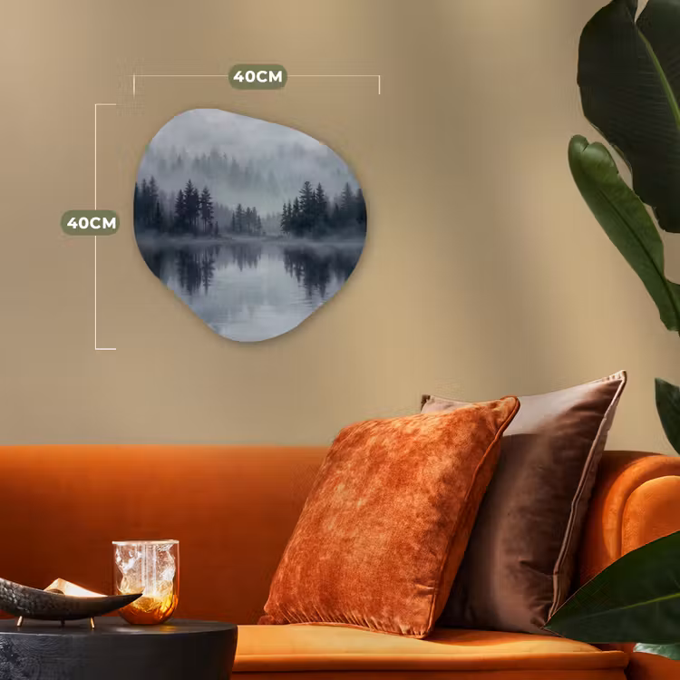 Bos - Meer - Mist - Natuur - Grijs Wandcirkel Organisch Forex 3mm klein -sfeer3