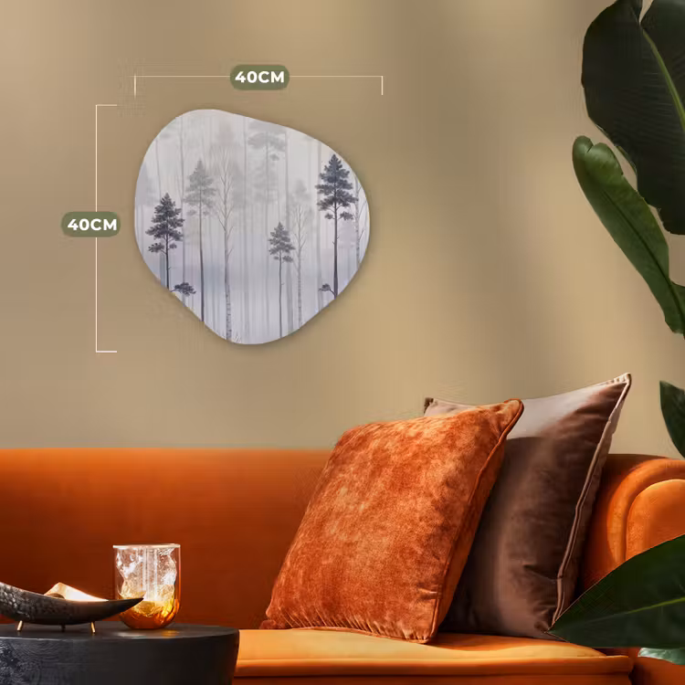 Bos - Bomen - Mist - Natuur - Illustratie - Grijs Wandcirkel Organisch Forex 3mm klein -sfeer3