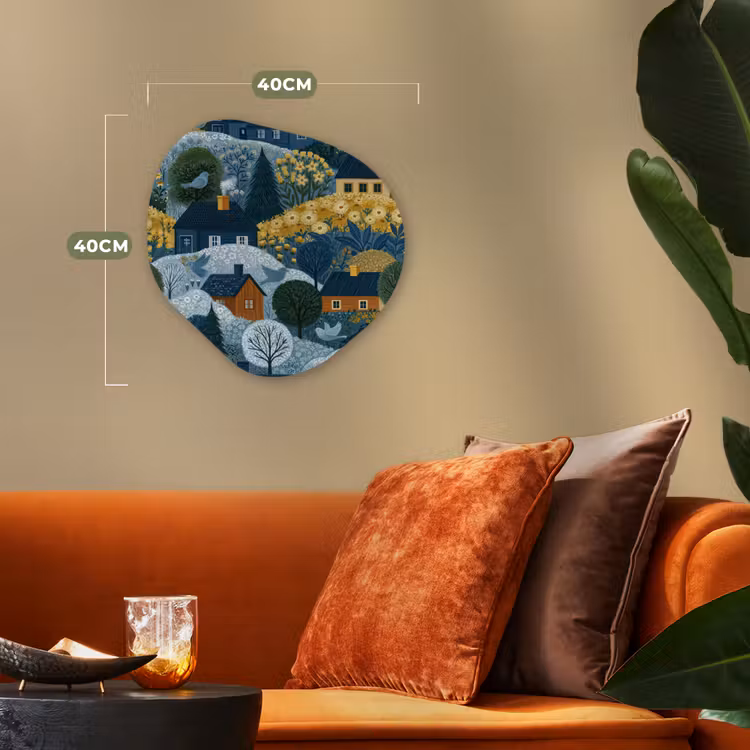 Huisjes - Bloemen - Patroon - Geel - Blauw Wandcirkel Organisch Forex 3mm klein 629 -sfeer3