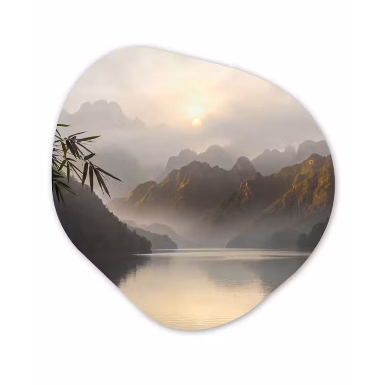 Bergen - Water - Mist - Natuur - Landschap Wandcirkel Organisch Forex 3mm klein -3d