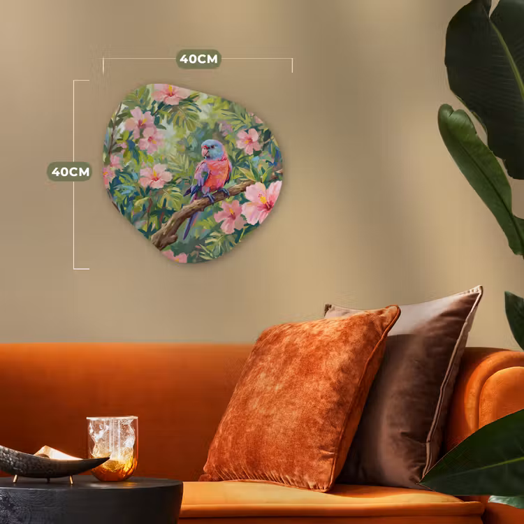 Papagaai - Hibiscusbloemen - Kleurrijk Wandcirkel Organisch Forex 3mm klein -sfeer3