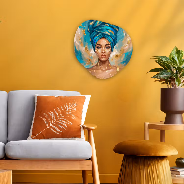Portret - Vrouw - Schilderij - Blauw - Goud - Expressief Wandcirkel Organisch Forex 3mm klein -sfeer4