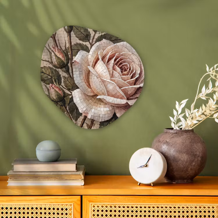 Roos - Mozaïek - Bloemen - Klassiek - Beige Wandcirkel Organisch Forex 3mm klein -sfeer2