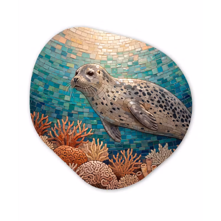Zeehond - Mozaïek - Onderwater - Dieren - Blauw Wandcirkel Organisch Forex 3mm klein -3d