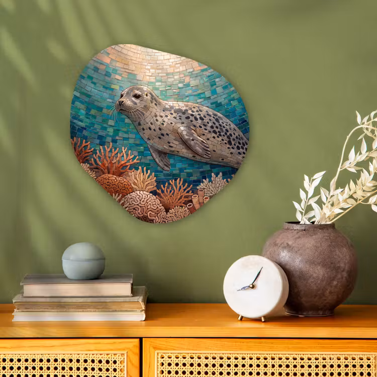 Zeehond - Mozaïek - Onderwater - Dieren - Blauw Wandcirkel Organisch Forex 3mm klein -sfeer2