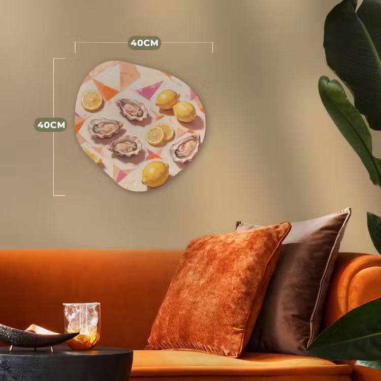 Stilleven - Citroenen - Oesters - Abstract - Oranje Wandcirkel Organisch Forex 3mm klein -sfeer3