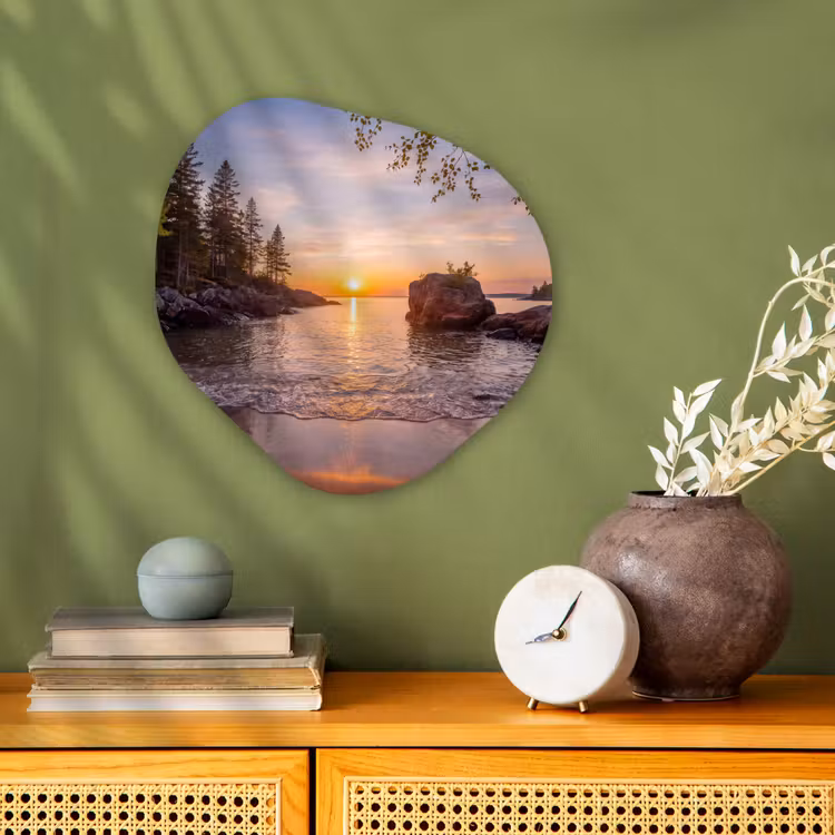 Zonsondergang - Kust - Water - Natuur - Oranje Wandcirkel Organisch Forex 3mm klein -sfeer2