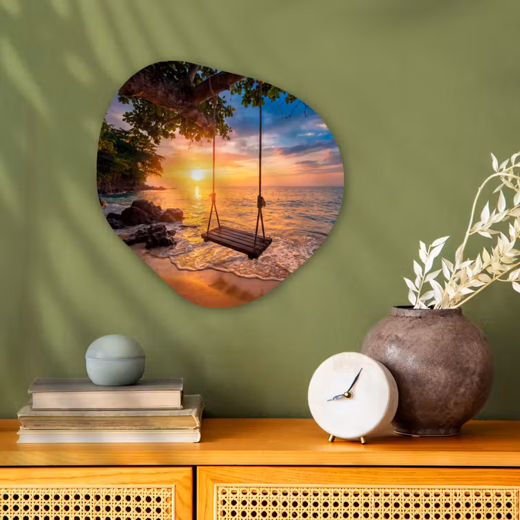 Schommel - Strand - Zonsondergang - Natuur - Oranje Wandcirkel Organisch Forex 3mm klein -sfeer2