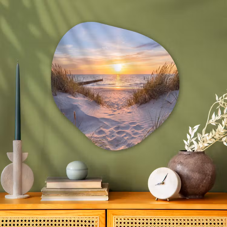 Strand - Zonsondergang - Natuur - Landschap Wandcirkel Organisch Aluminium middel -sfeer2