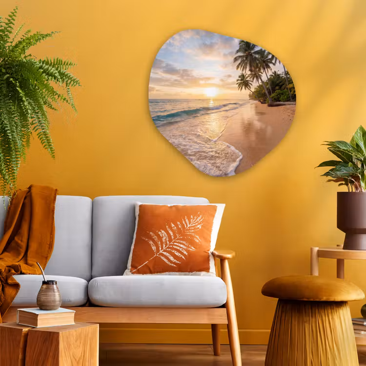 Strand - Zonsondergang - Tropisch - Natuur - Goud Wandcirkel Organisch Aluminium middel -sfeer4