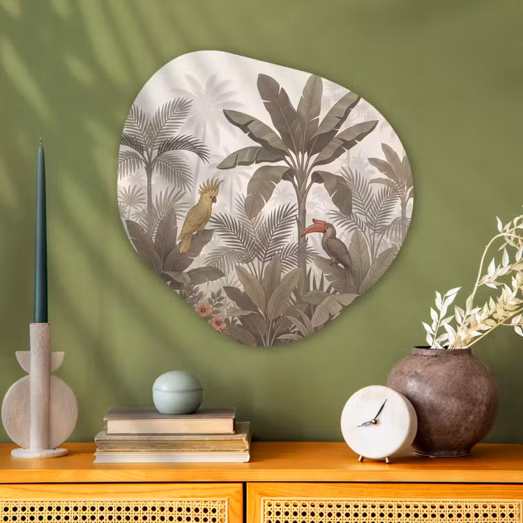 Vogel - Jungle - Tropisch - Illustratie - Groen Wandcirkel Organisch Aluminium middel -sfeer2