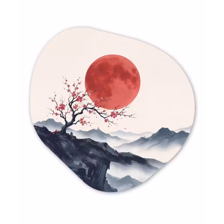 Kersenbloesem - Oosters - Rood Wandcirkel Organisch Aluminium middel -3d