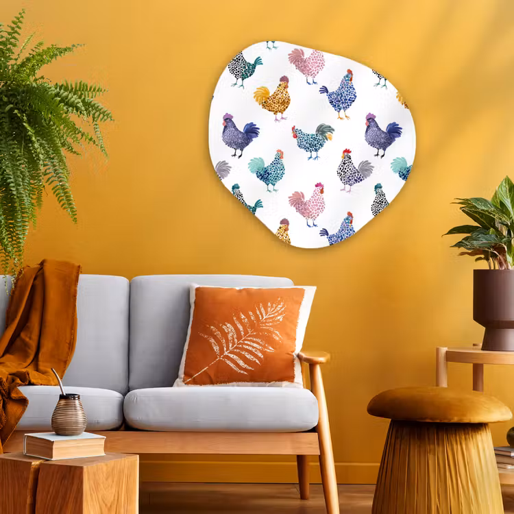 Kippen -Aquarel - Kleurrijk Wandcirkel Organisch Aluminium middel 851 -sfeer4