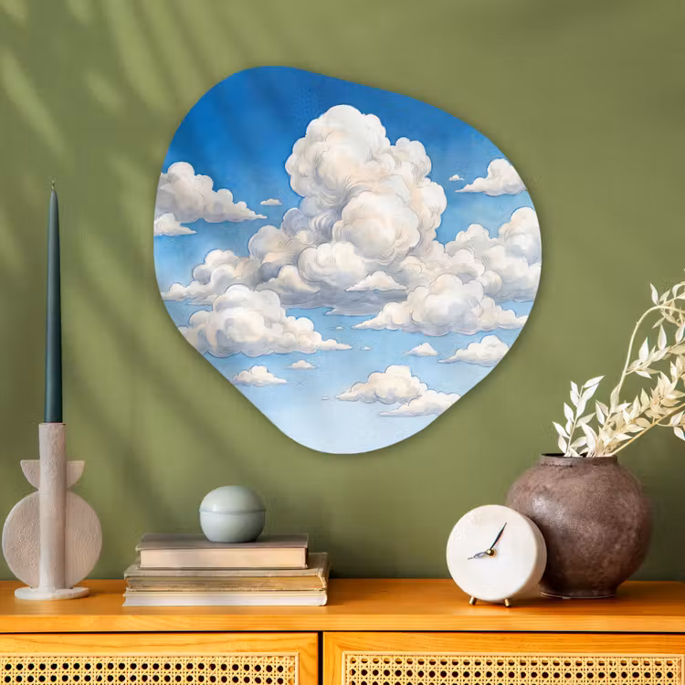 Wolken - Blauwe lucht - Natuur - Modern - Wit Wandcirkel Organisch Aluminium middel -sfeer2