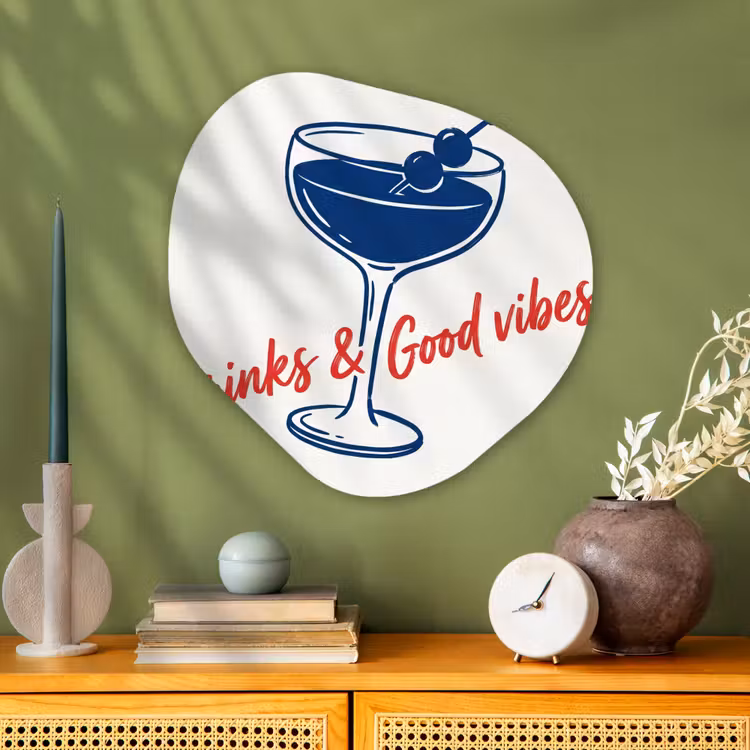 Cocktail - Glas - Illustratie - Blauw - Wit Wandcirkel Organisch Aluminium middel -sfeer2