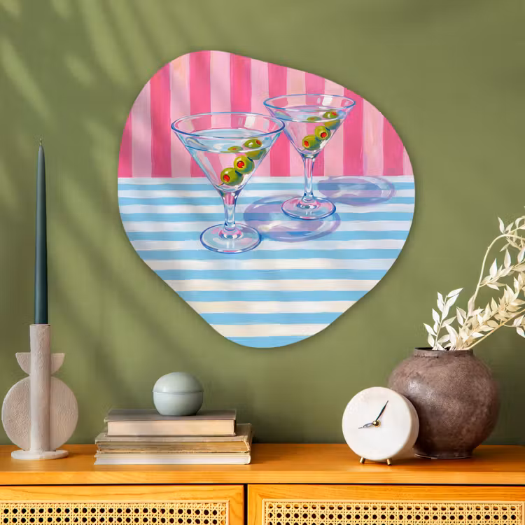 Cocktail - Olijven - Kunst - Modern - Roze Wandcirkel Organisch Aluminium middel -sfeer2